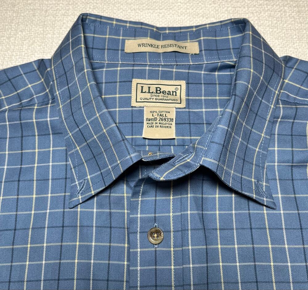 LL Bean Shirt Mens L Tall Blue Plaid Wrinkle Resistant Cotton Button Down L-Tall